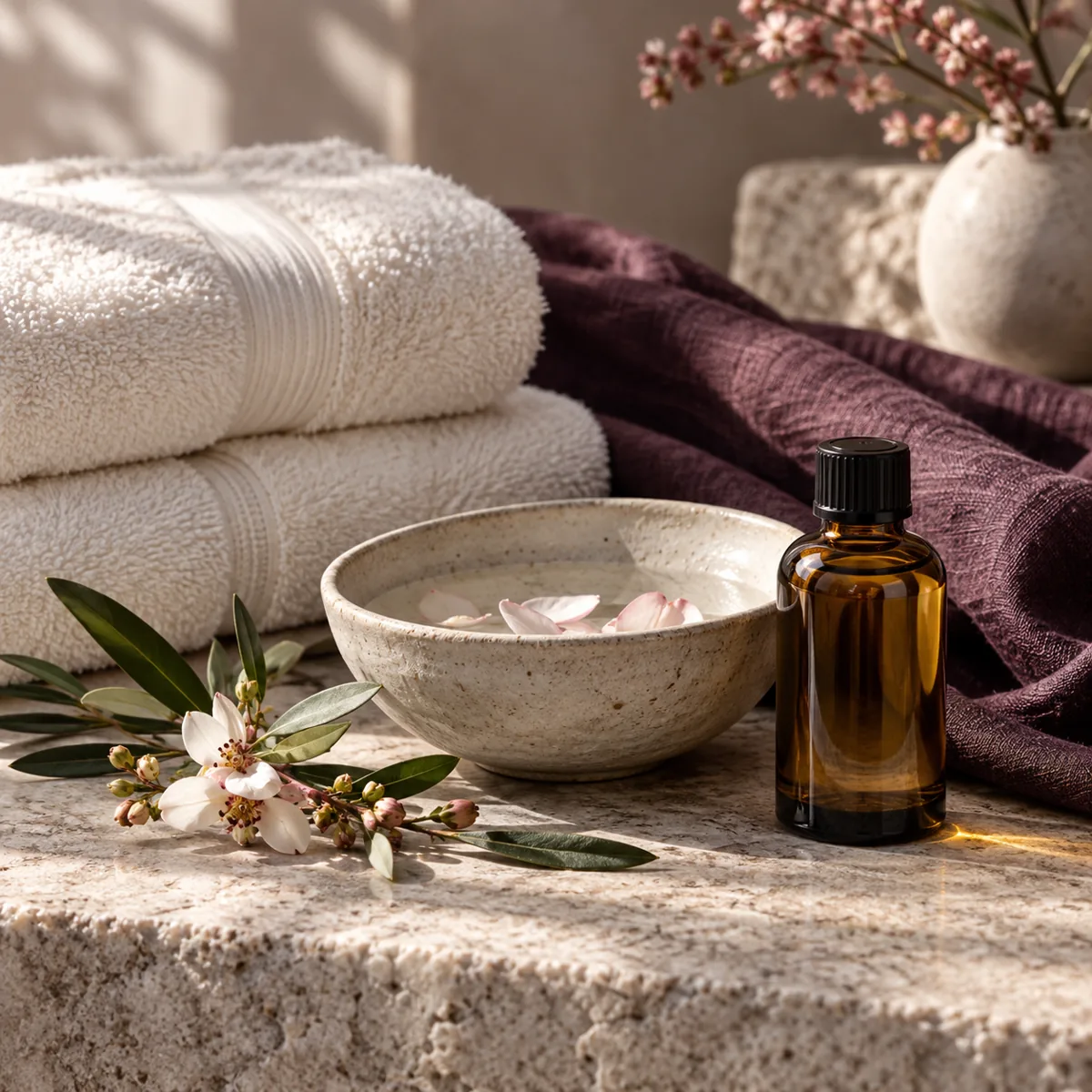 Soft towels and botanicals ready for an unhurried spa visit